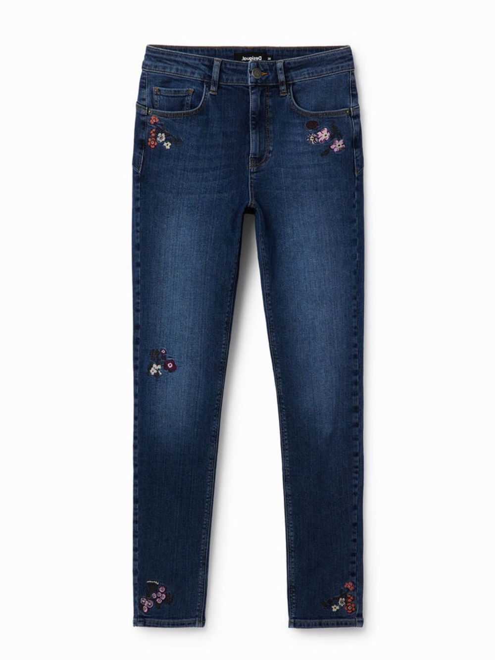 NWT Desigual Dark Blue Skinny Jeans with Floral Embroidery